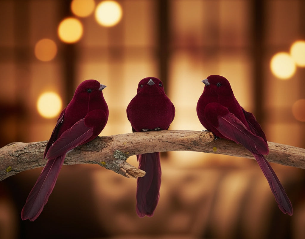 Set of 12 Assorted Style Burgundy Birds w/ Clip