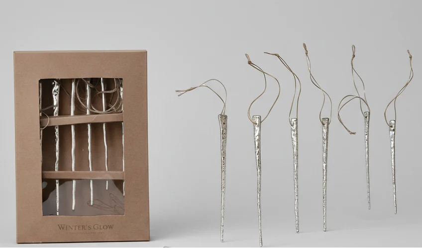 Set of 6 Silver Finish Mercury Glass Icicle Ornaments