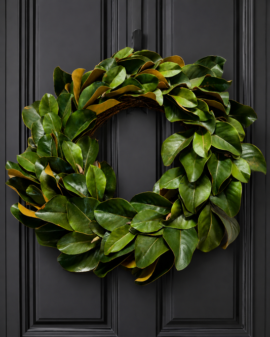 Green Magnolia Leaf Wreath — 30" Faux Magnolia Wreath for Front Door, Mantel & Year-Round Decor