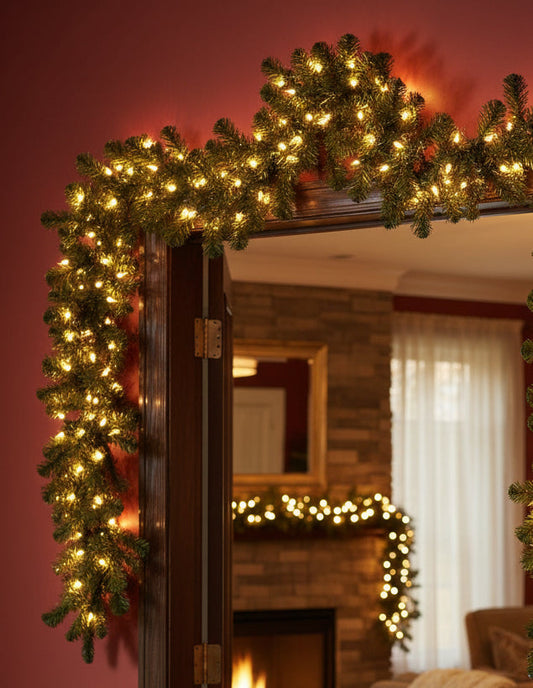 9 ft Pre-Lit Glasgow Fir Garland with LED Lights — Faux Christmas Garland for Mantel & Staircase