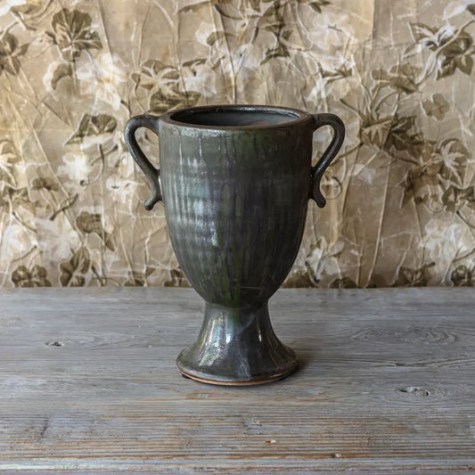 Aged Olive Dripped Glaze Trophy Vase — Green Pottery Floral Vase for Mantel & Tablescape