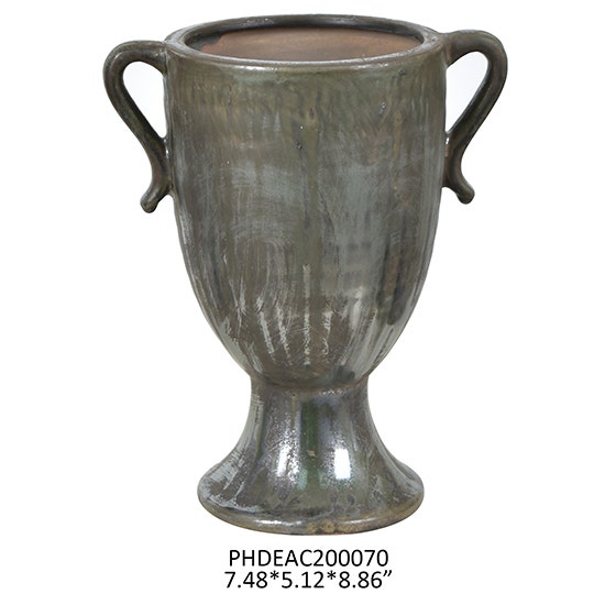 Aged Olive Dripped Glaze Pottery Trophy Vase