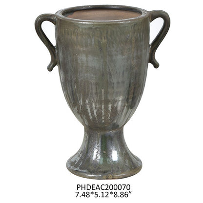 Aged Olive Dripped Glaze Pottery Trophy Vase