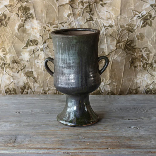 Aged Olive Dripped Glaze Urn — Green Pottery Floral Vase for Mantel, Shelf & Tablescape