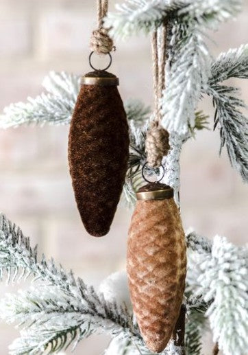 4" Flocked Pinecone Ornament, 2 Color Options