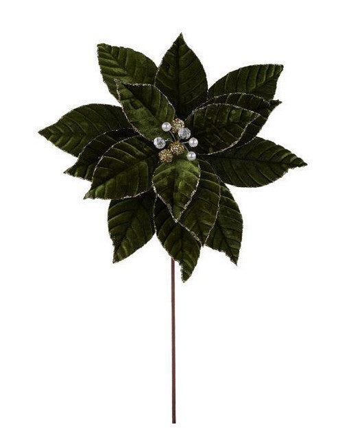 Dark Green Velvet & Glitter Poinsettia Stem
