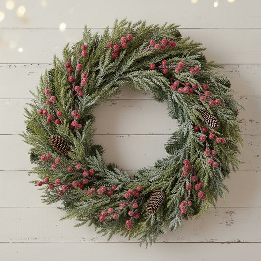 30" Snowed Ming Pine & Berry Christmas Wreath — Frosted Faux Evergreen Wreath for Front Door