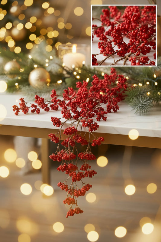 55" Red Mini Berry Hanging Spray — Faux Christmas Berry Stem for Mantels, Trees & Vases