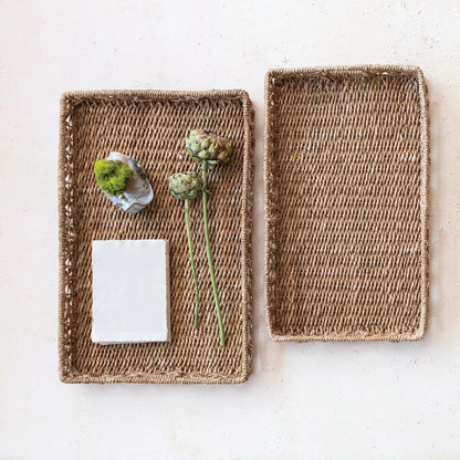 Decorative Hand-Woven Water Hyacinth & Rattan Trays with Handles, Size Options