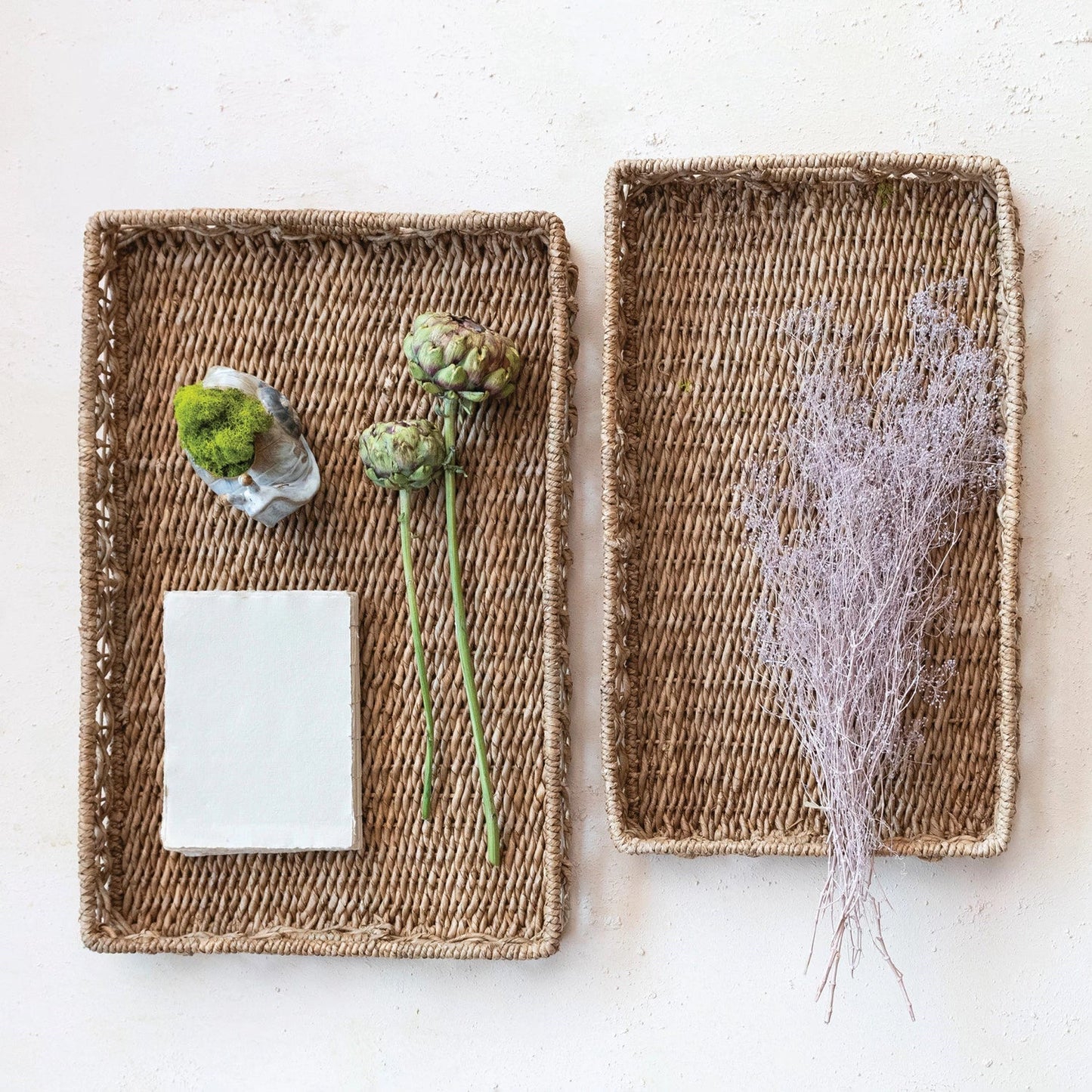Decorative Hand-Woven Water Hyacinth & Rattan Trays with Handles, Size Options