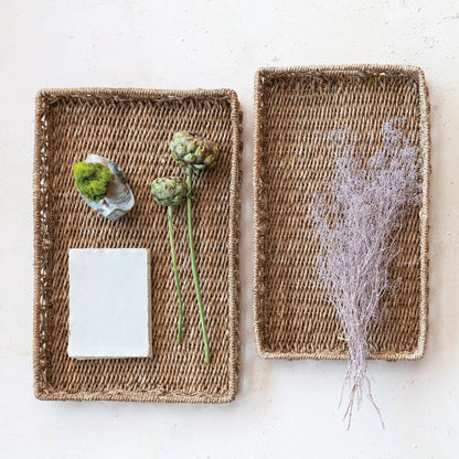 Decorative Hand-Woven Water Hyacinth & Rattan Trays with Handles, Size Options