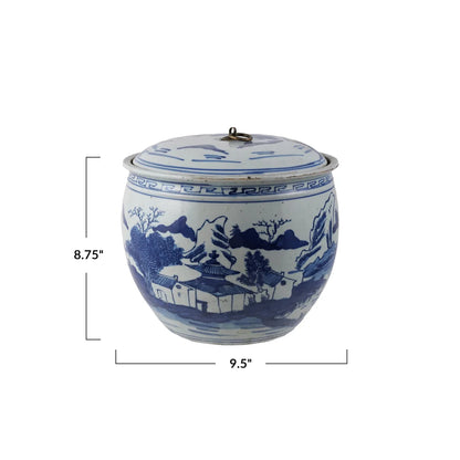 Vintage Reproduction Hand-Painted Ginger Jar w/ Brass Ring